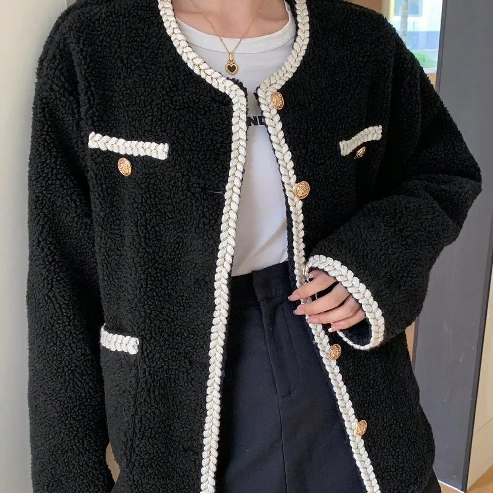 Black Preppy Womens Contrast Trim Drop Shoulder Teddy Jacket